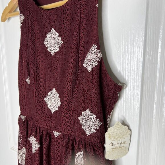 Altar’d State NWT Fit Flare Dress Small Burgundy Medallion Lace Sleeveless - Picture 2 of 9